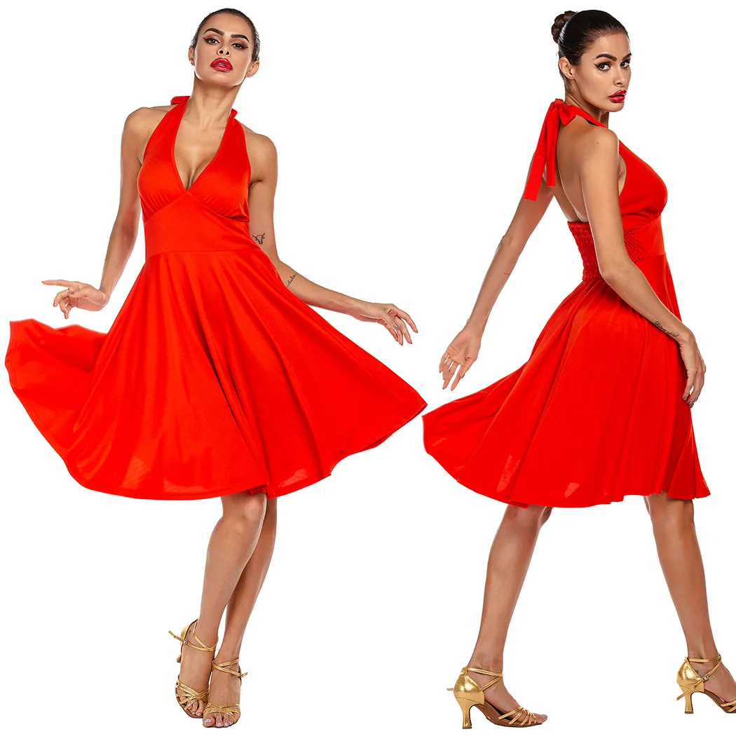 Vestido feminino de dança latina de costas abertas, vestidos de salão padrão, sem mangas, magro, saia grande, encolhido