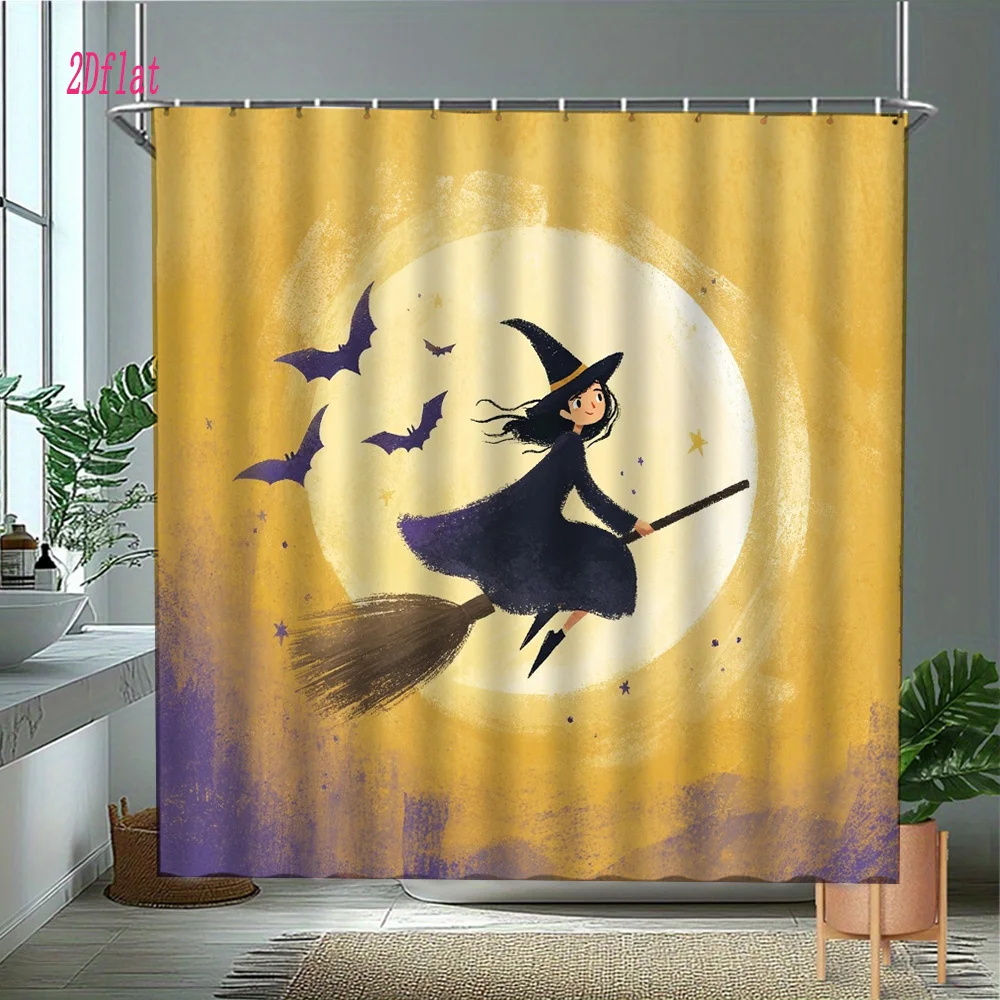 Enchanting Witch Flying on Broomstick Bathroom Shower Curtain Halloween Magic Decor Rod Pocket Blackout Curtains