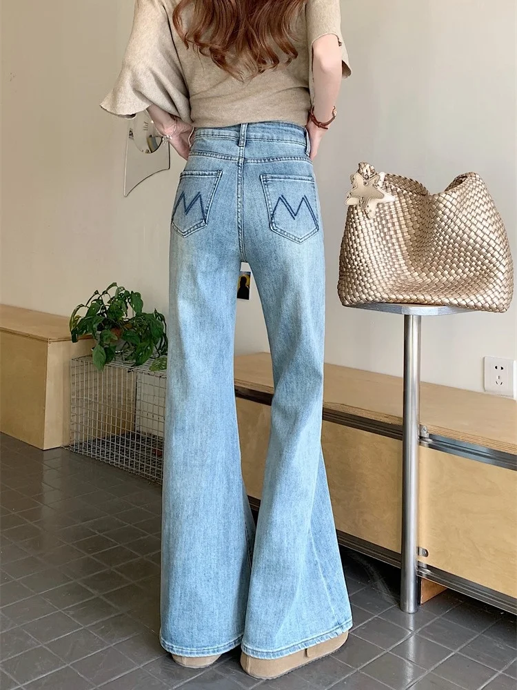 

Американские ретро-джинсы с вышивкой, женские, летние, в корейском стиле, с высокой талией, утягивающие, расклешенные, длинные брюки, повседневные джинсы