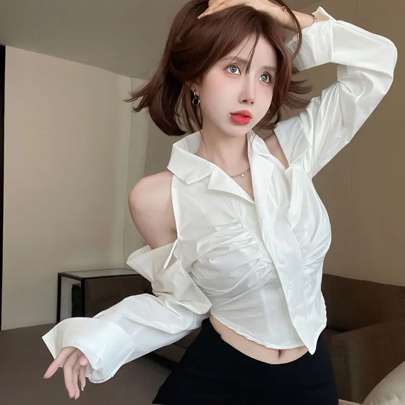 Long Sleeve Shirts Women Off Shoulder Autumn Sexy Solid Color Female\'s Hollow Out Crop Tops Casual All-match Simple Buttons-up