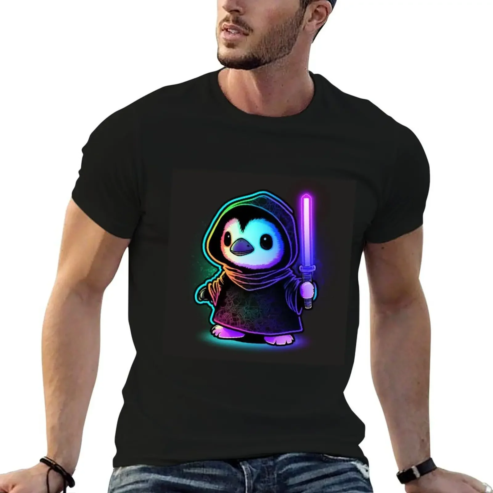 Cool Cute Penguin With a Laser Saber T-Shirt vintage summer top black t shirts for men