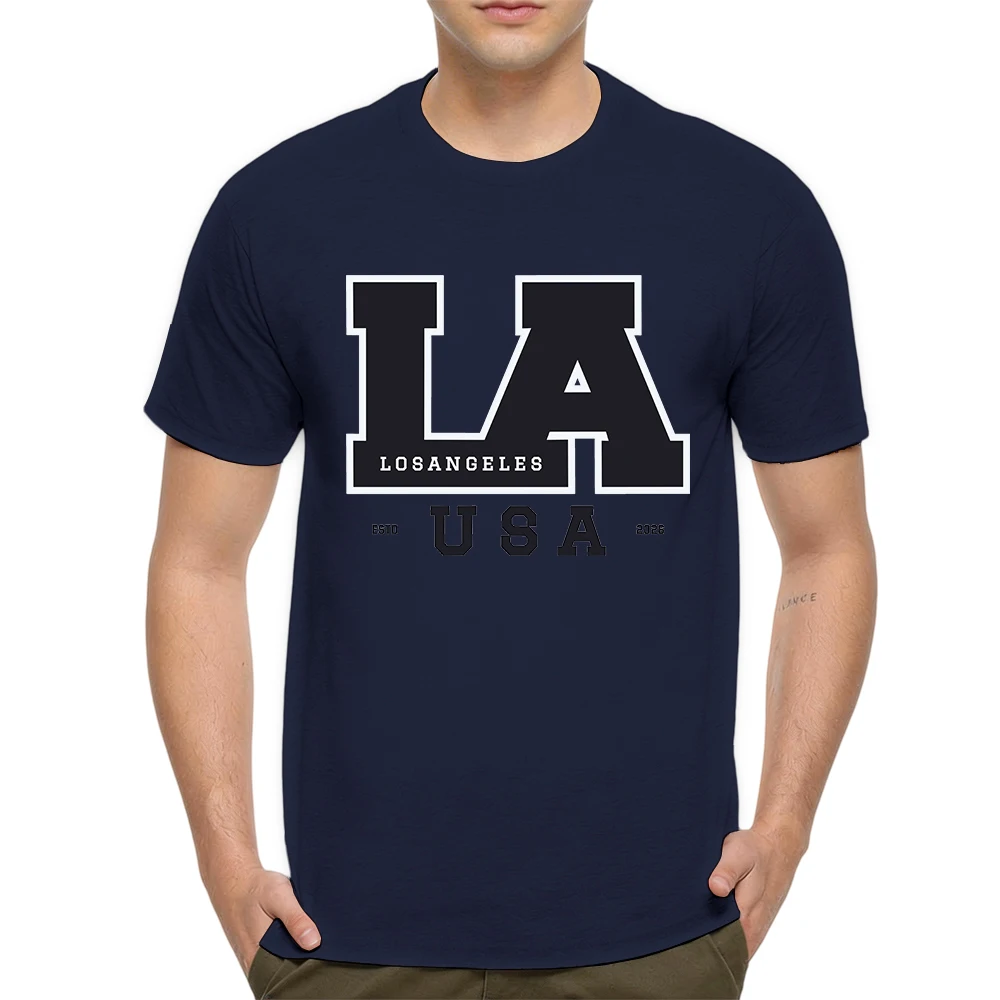 Mens 100% Cotton T Shirt LA Los Angeles USA ESTD 2026 Varsity Letter Print Breathable Short Sleeve Casual Daily Tee