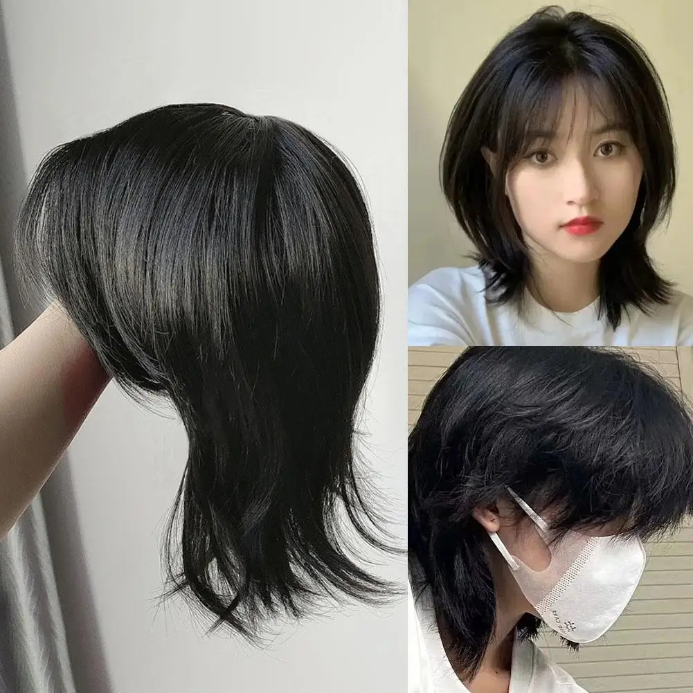 Wig sintetis dapat dipakai oleh pria dan wanita dengan rambut pendek lurus ekor serigala tengah poni penataan nyaman dan penutup kepala Wig