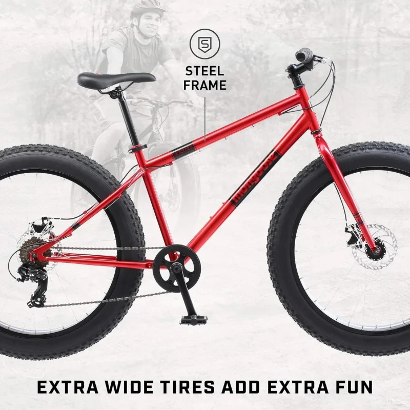 AQMongoose Dolomite Fat Tire Mountain Bike,26 Inch Wheels,4 Inch Wide Knobby Tires,7-Speed,Steel Frame,Front and Rear Brakes