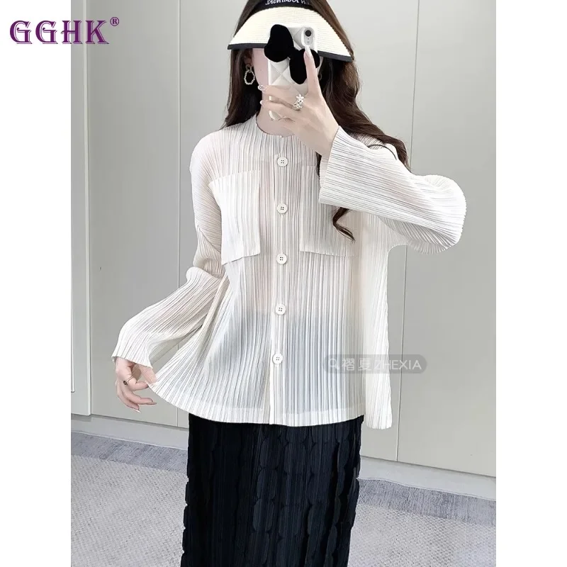 GGHK Pleated Women Casual Thin Jacket 2024 Fall New Solid Color Long-sleeved Single-breasted Fashion Classic Female Tops