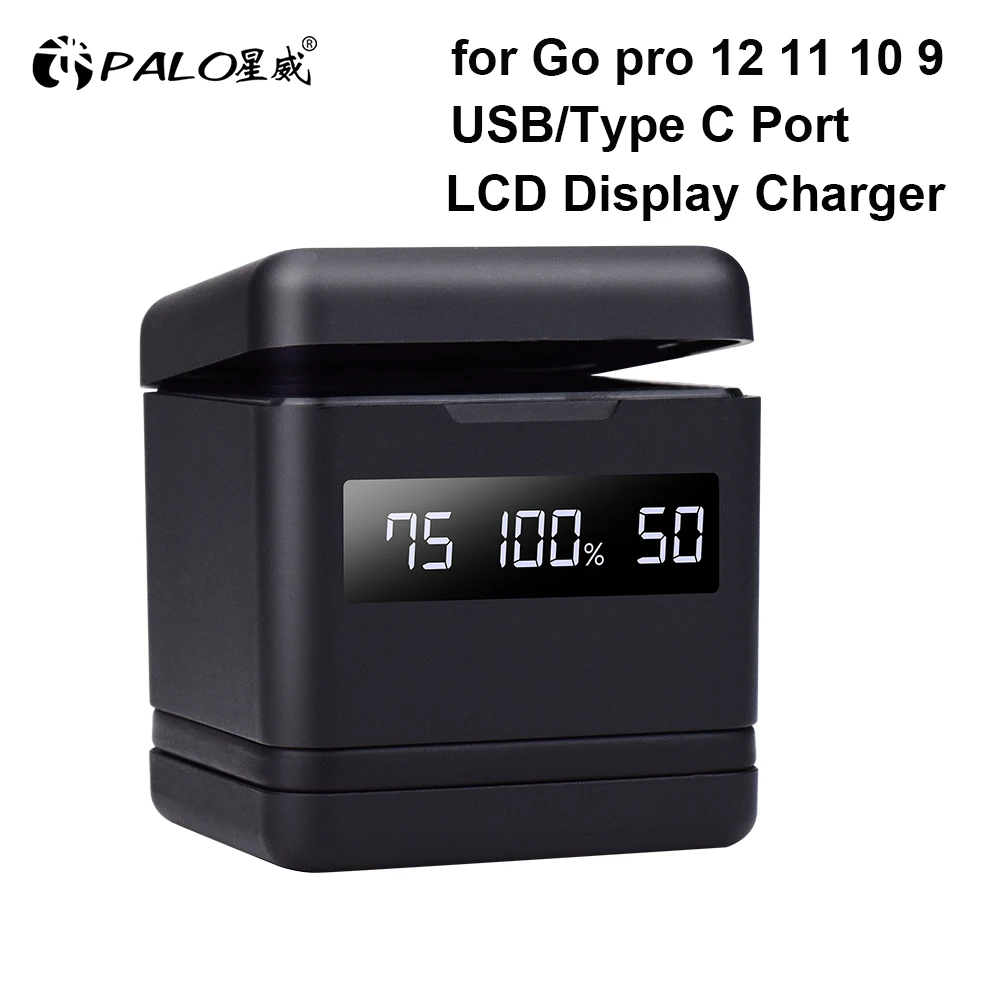 PALO LCD Display 3 Slots Fast Charger Box For Go Pro GoPro Hero 12 10 11 9 Sport Cameras Black Action Accessories free shipping