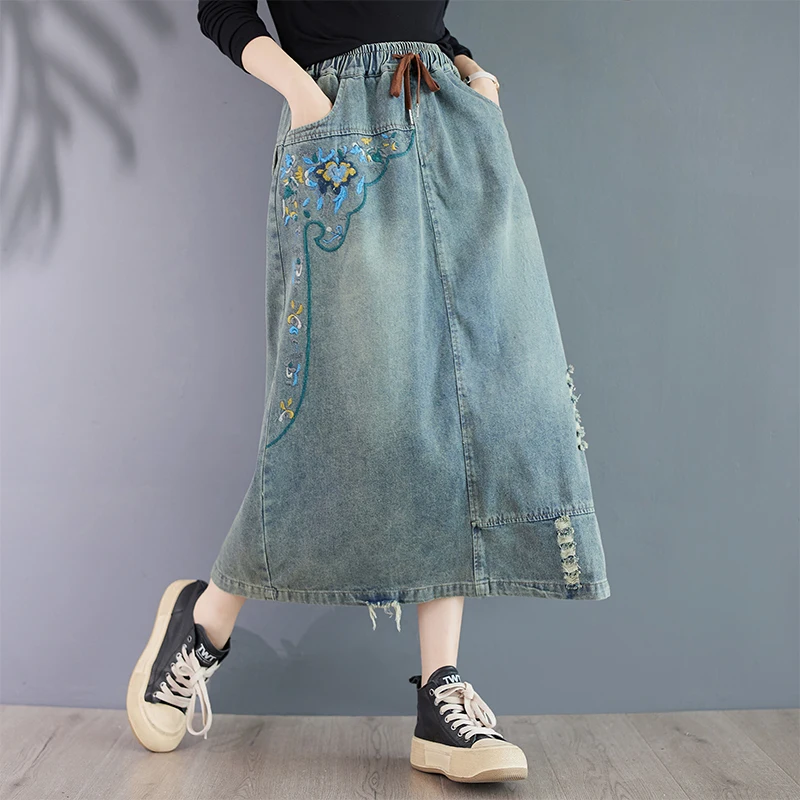 NYFS Embroidery Vintage Woman Skirt High Waist Loose Casual Denim Long Skirt