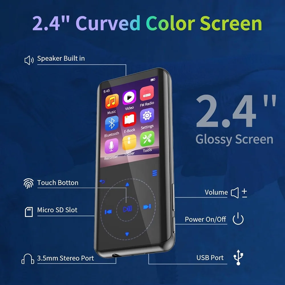 2025 RUIZU D25 MP3 مشغل موسيقى 32G محمول MP4 يعمل باللمس مع 2.4 بوصة بلوتوث راديو FM الكتاب الإلكتروني عداد الخطى HIFI صوت بدون فقدان