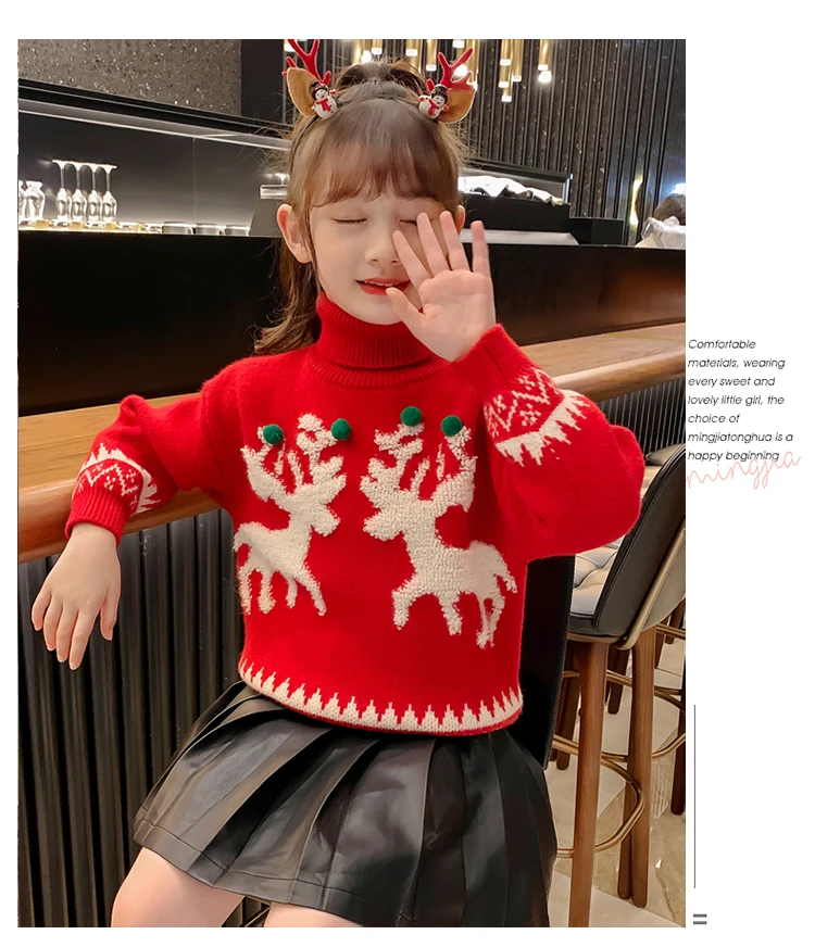 Kinder-Weihnachtspullover-Kostüm für Mädchen, Neujahrspullover mit Hirschmotiv, gestrickte Kleidung, Kinder-Rollkragenpullover, rote Strickware, Alter 4-13 Jahre – Detail 2