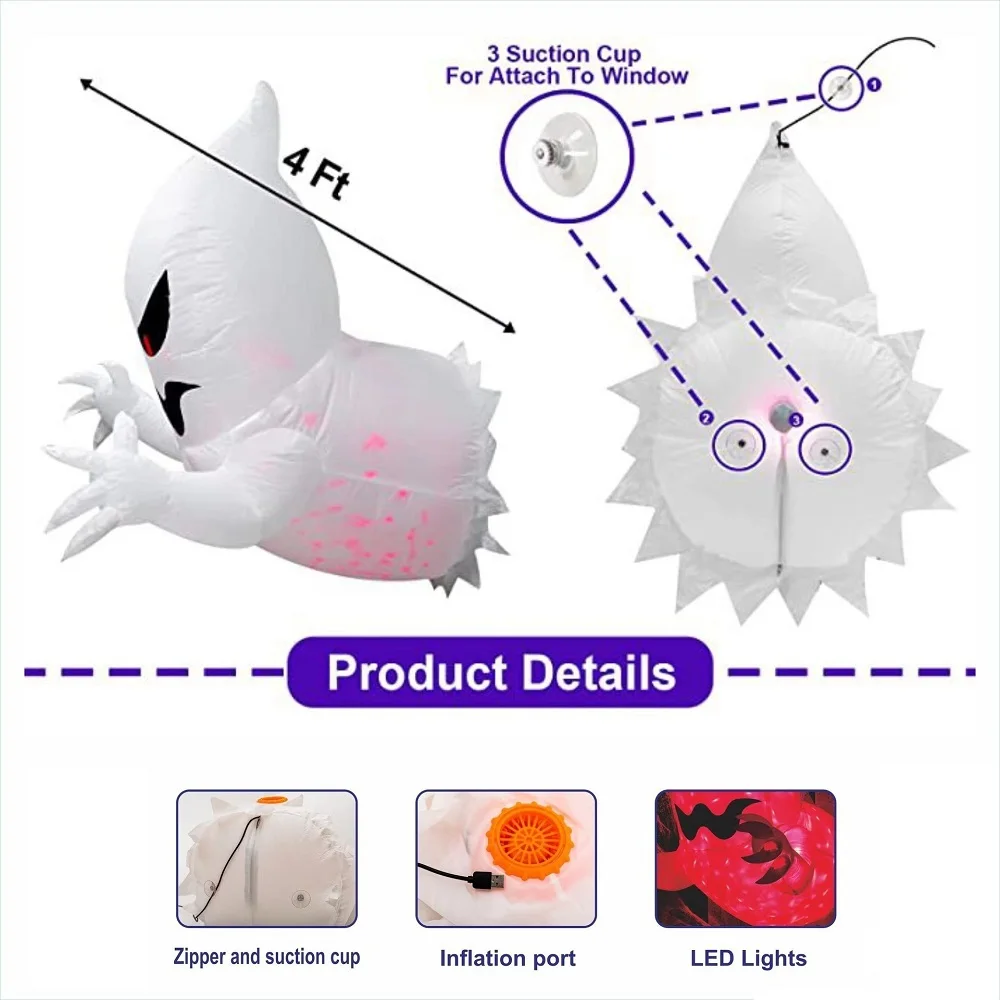 ハロウィーン用インフレータブルゴースト、ホラーウィンドウバルーン、折りたたみ式、屋外、中庭、庭の装飾、楽しいパーティーツール、1.4m