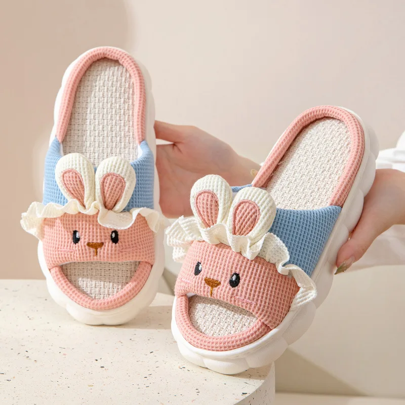 Women Men Rabbit Slippers Linen Slide Cute Ruffle Design Indoor Outdoor Soft Sole Non Slip Home Bedroom Four Seasons Couple Shoe