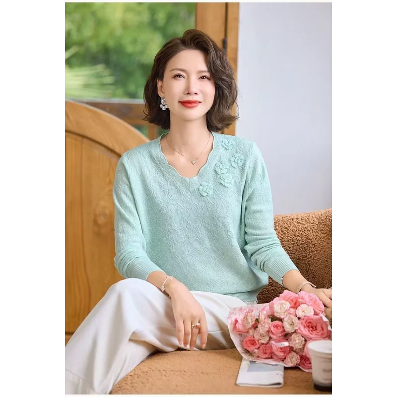 

Вязаная свободная базовая рубашка Модный однотонный топ с длинными рукавами и v-образным вырезом