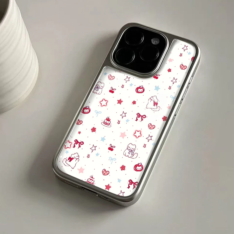 Ins süße Cat&its Erdbeerkuchen Hydrogel-Rückplatte Silber Rand stoßfeste Handyhülle für iPhone 17 16 15 14 Pro Max