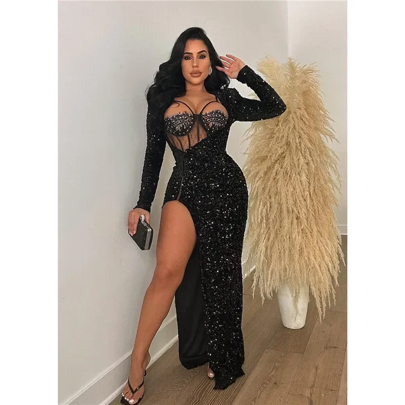 2023 Autumn Full Sleeve High Split Women Sexy Sequins Party Long Dress Lace Patchwork Bodycon Bodysuit 2 Piece Clubwear Dress