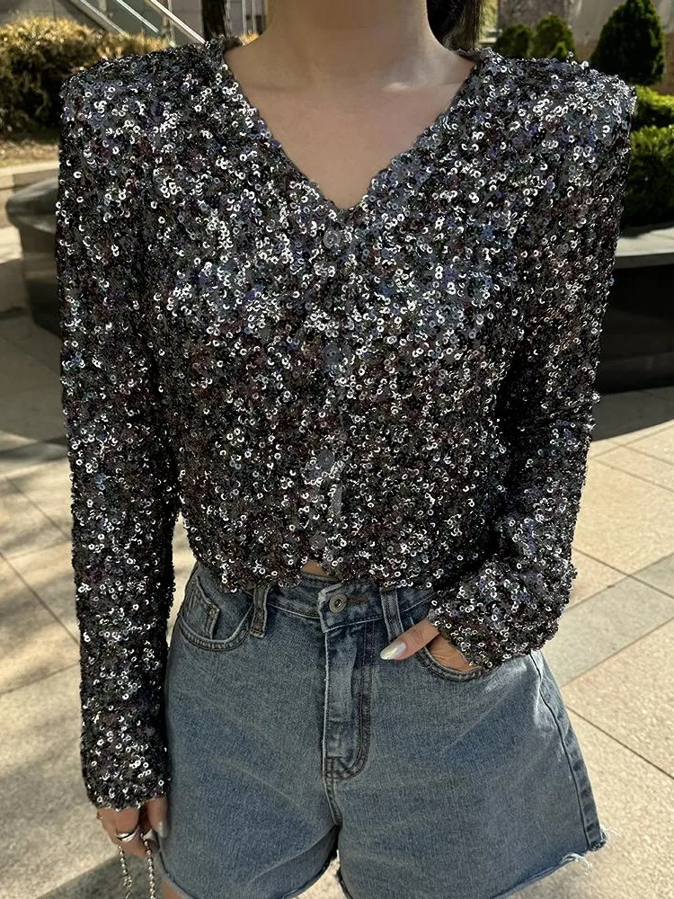 Y2K المرأة بلايز كم طويل سليم تي شيرت مجسم الربيع بريق الترتر البريق قميص الحفلات أنيقة الخامس الرقبة زر حتى مكتب سترة