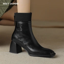 Splicing Genuine Leather Women Ankle Boots Thick High Heels Rear Zipper Decoration Basic Office Lady Shoes Woman Autumn Winter