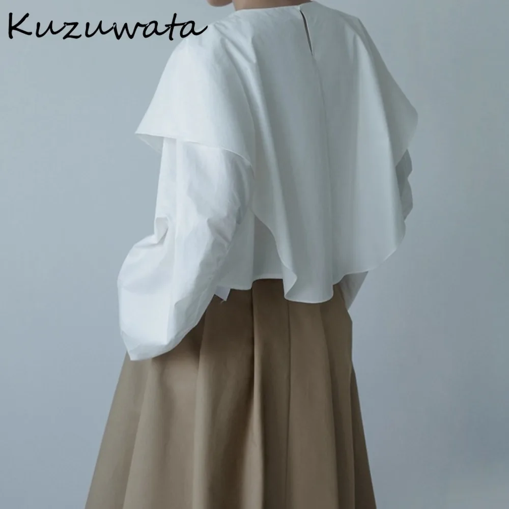 

Kuzuwata New Elegant Moda Turn-down Collar Shirt Casual Slim Patchwork French Blouses Japan Literary Temperament Loose Short Top