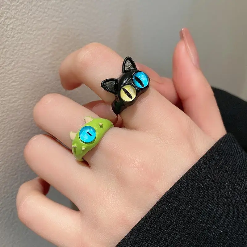 Punk Eyes Ring Cute Green Monster Ring For Women Fashion Sweet Two Color Cat Eyes Open Couple Ring Party Finger Accessories