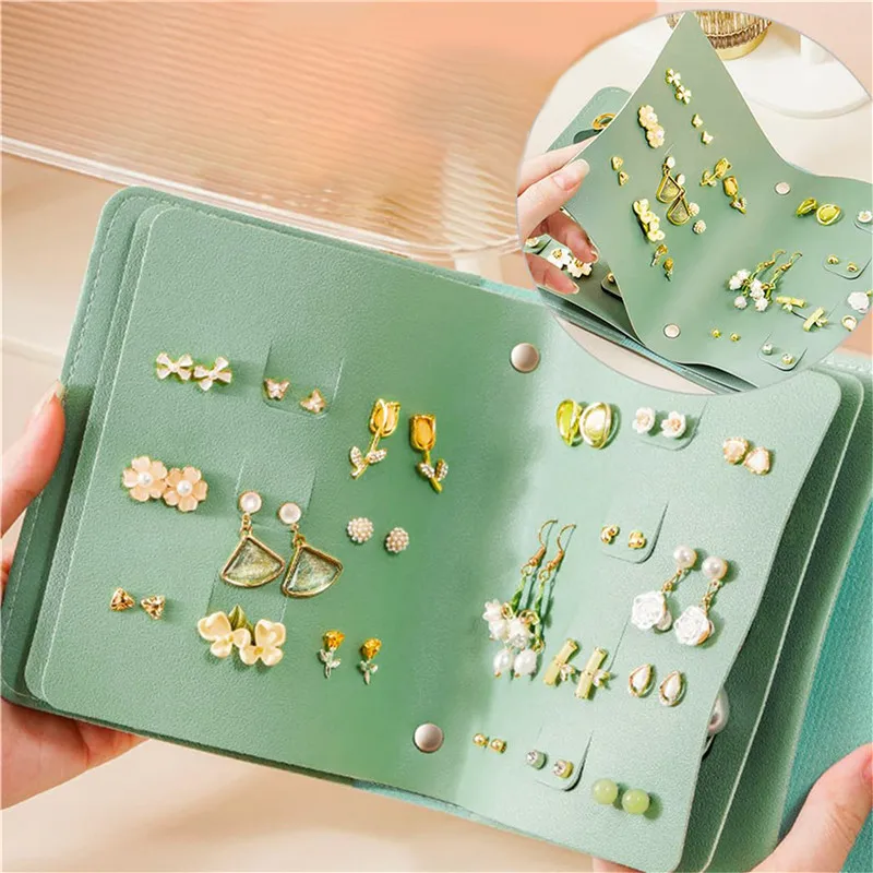 Earrings Organizer Album PU Leather Portable Ear Studs Holder Storage Bag Earring Book Solid Color Travel Jewelry Case Box