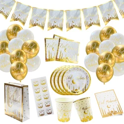 Eid Mubarak Disposable Tableware Gold Plate Cup Banner Gift Bags Islamic Muslim Party Supplies 2024 Ramadan Kareem Decorations