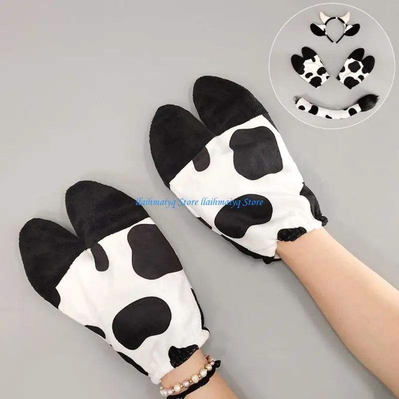 

573B 3Pcs Animal Costume Cow Ears Headband Tail Gloves for Halloween Cosplay Party