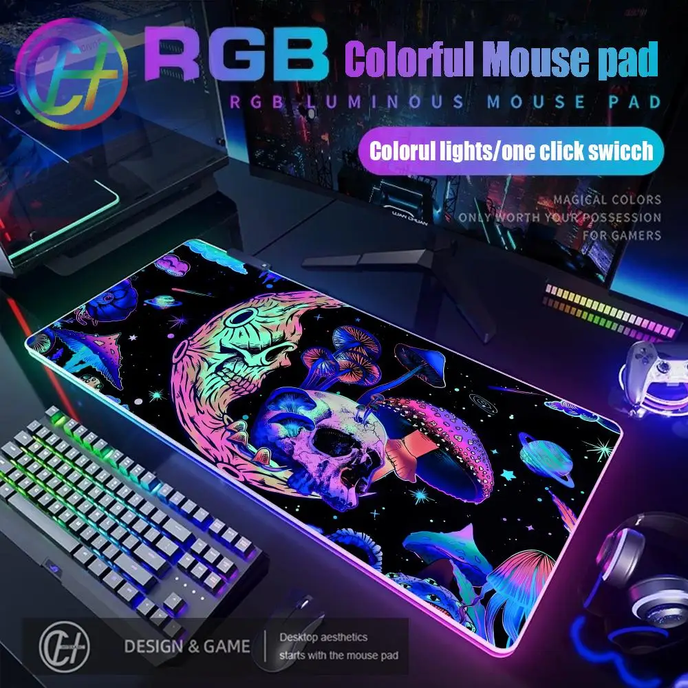 HYBXAXC Psychedelic Mushrooms Mouse Pad Large Purple Moon Keyboard Rug Gamer Starry Sky Carpet RGBHD Gamer Large LED Light