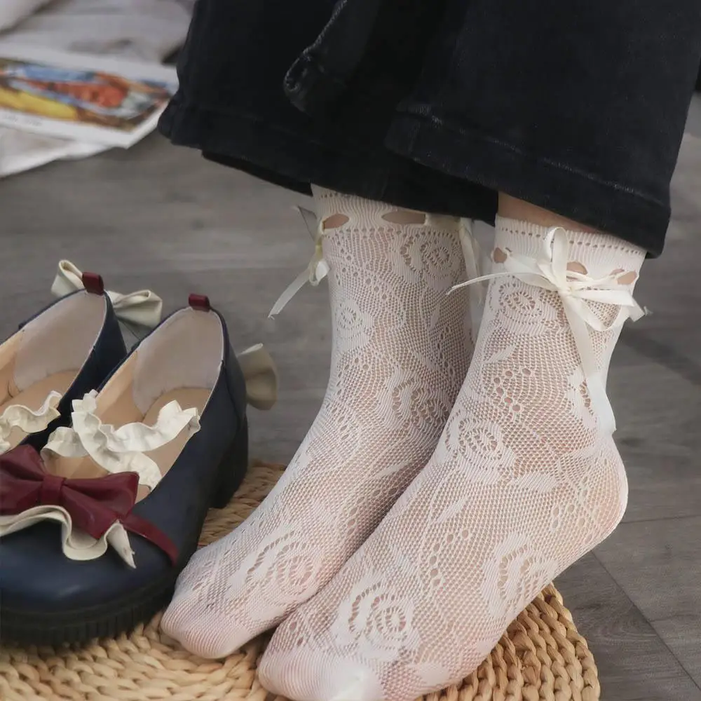 

Trendy Ribbon Bow Y2K Mesh Short Socks Hollow Elastic Women Mid-Calf Sock Ultra-thin Harajuku Lolita JK Socks Girls