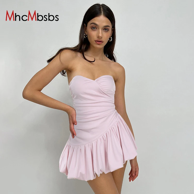 

Sexy Strapless Asymmetry Bodycon Ruched Mini Pink Dress Women Off Shoulder Pleated Short Sundress 2024 Summer Vacation Clothes