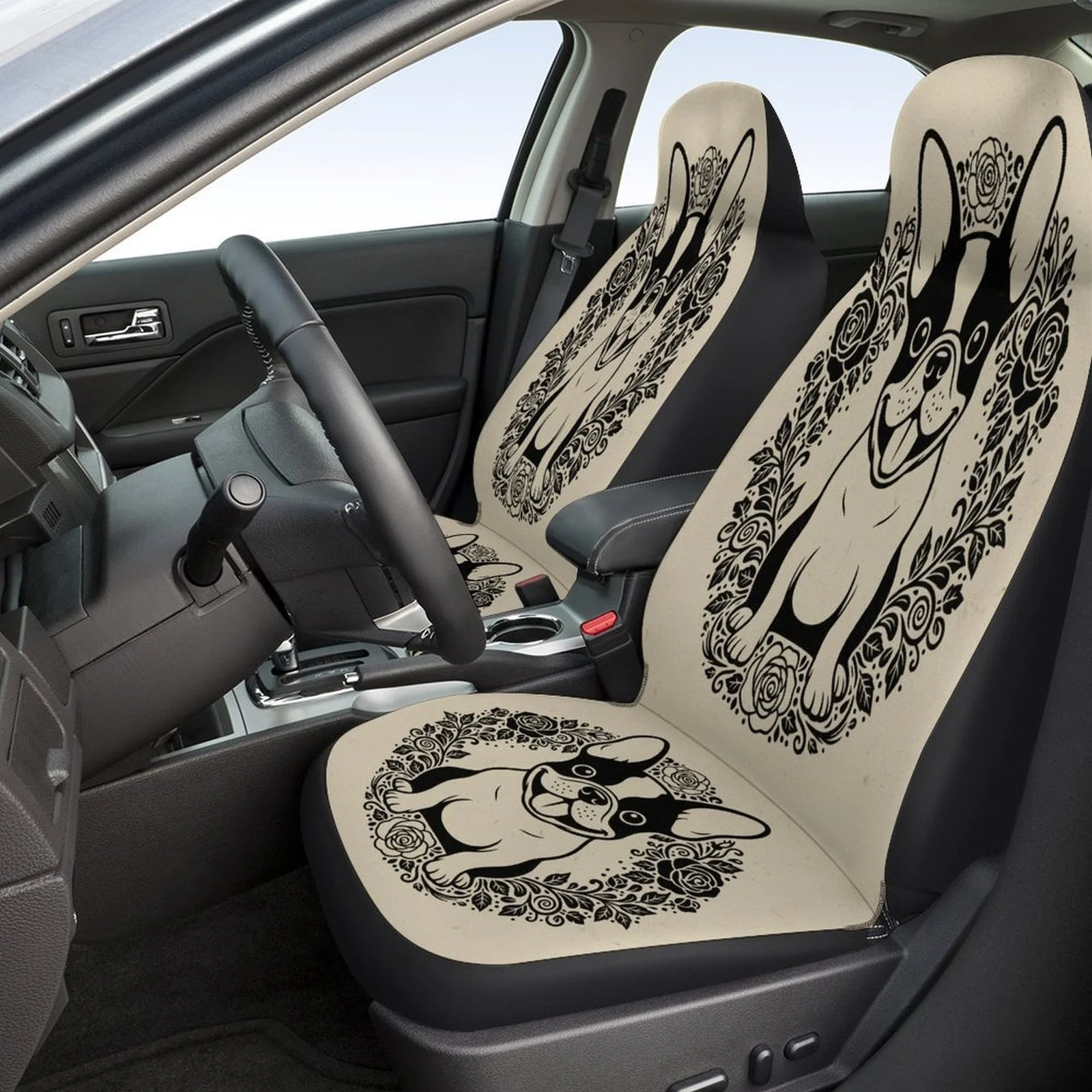 French Bulldog Floral Portrait Car Seat Cover Set - Trendy High-Quality Polyester, Universal Fit For 2 Front & Rear Seats, All-S