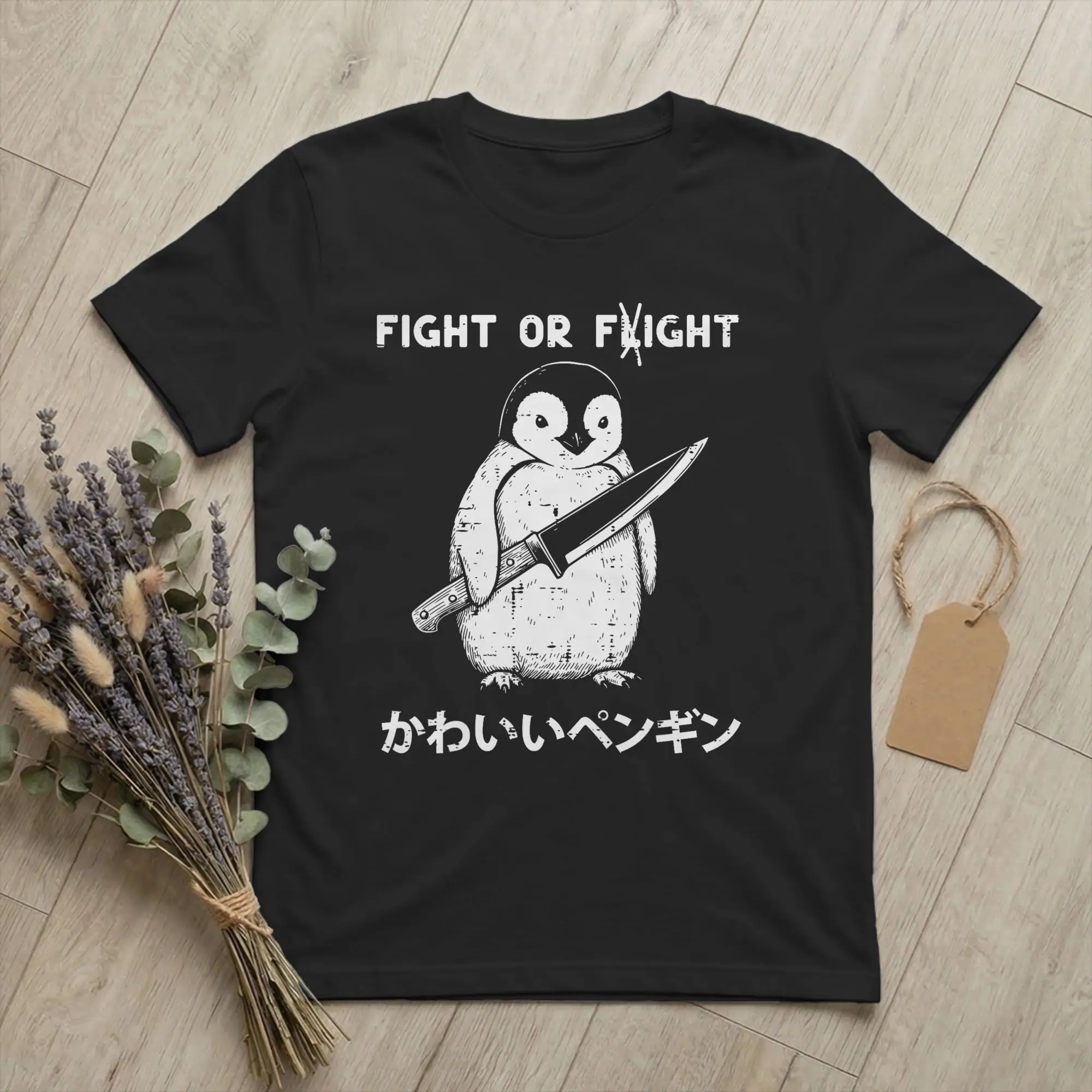 Fight Or Flight Penguin Dark Humor T-Shirts Men Meme Quote Vintage Pure Cotton Tee Shirt Crewneck Short Sleeve T Shirt Clothing