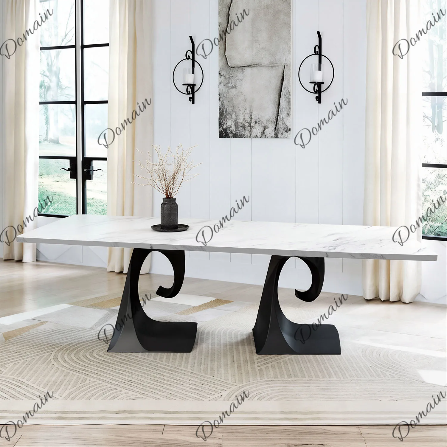 French Light Luxury Slate Dining Table Black Roman Column Leg Rectangle Modern Simple Home Kitchen Table Set