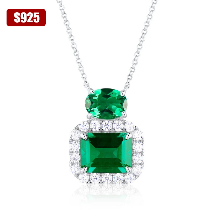 Luxury 100% 925 Sterling Silver 7*9 MM Lab Emerald Pendant Necklace Fine Jewelry Wholesale Hot Sale