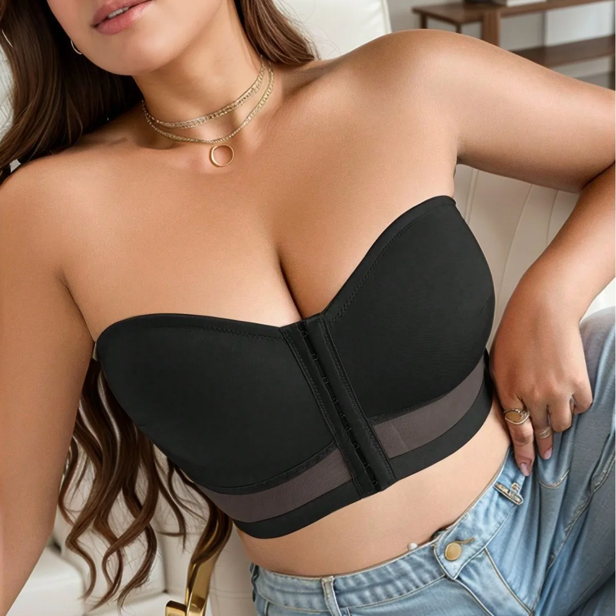 

Sexy Strapless Bra Tube Top Wireless Push Up Bralette Front Six Row Buckle Lingerie Crop Top for Women