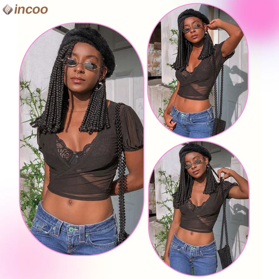 الاصطناعية 10 بوصة صندوق شعر مستعار مضفر للنساء السود قصيرة بوب شعر مستعار مضفر كورنو تجديل خصلات الشعر المستعار القبلية كامل الدانتيل الضفائر الباروكات #4