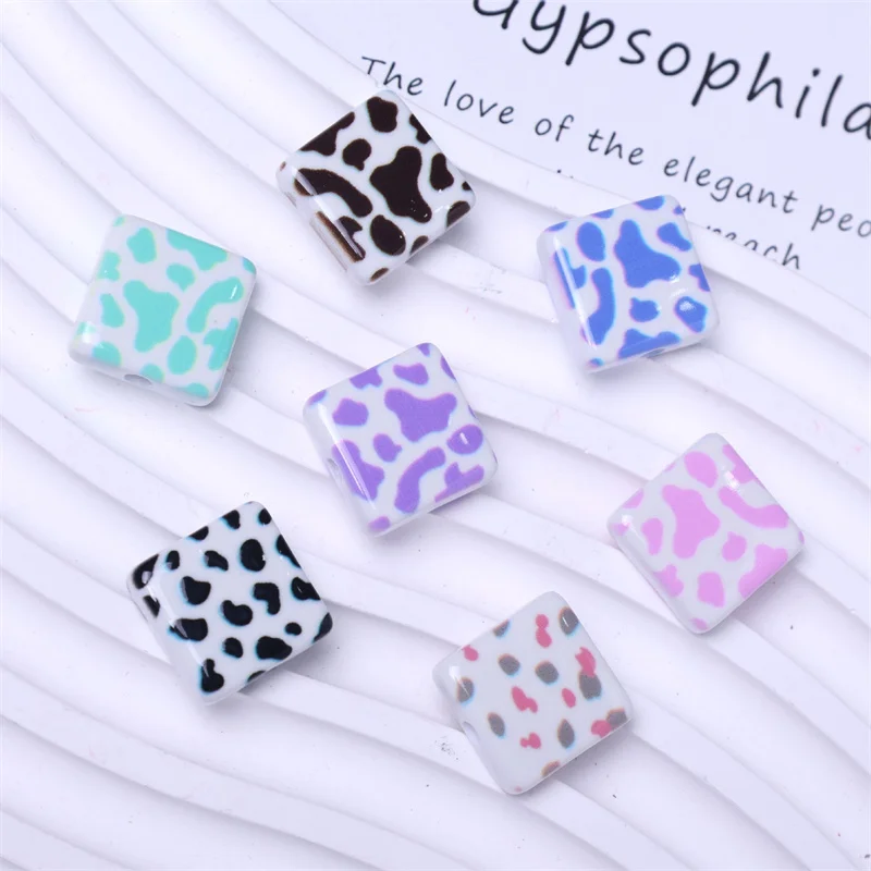 

New arrived 100pcs/lot 16mm color Leopard print geometry square shape resin straight hole beads diy jewelry accessory