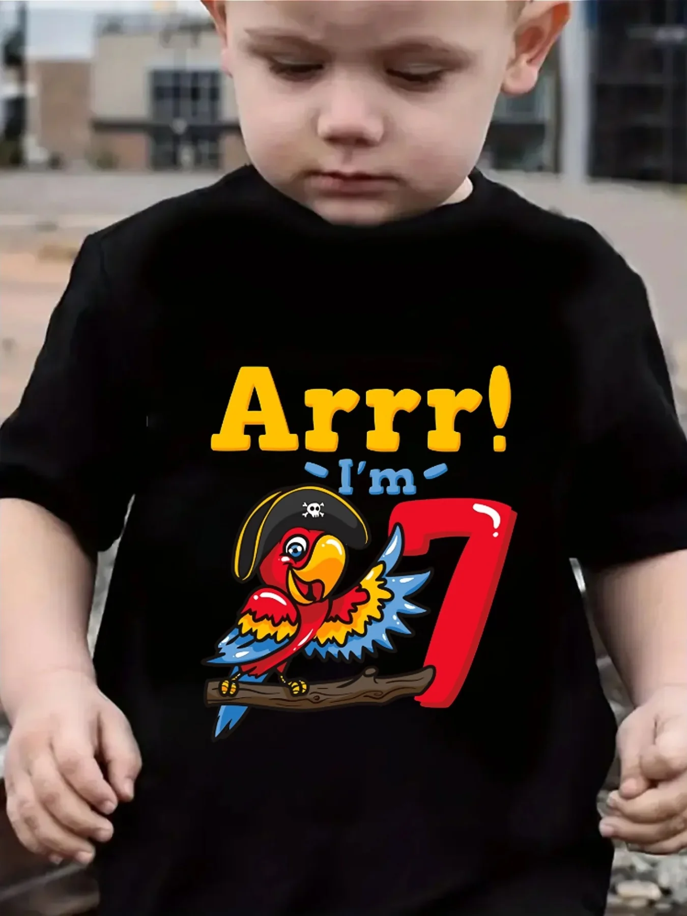Cute Pirate Parrot Seventh Birthday Cartoon Print T Shirt Boys Girls Tee Parent Child Casual Top Mom Dad Kids Summer Daily Wear