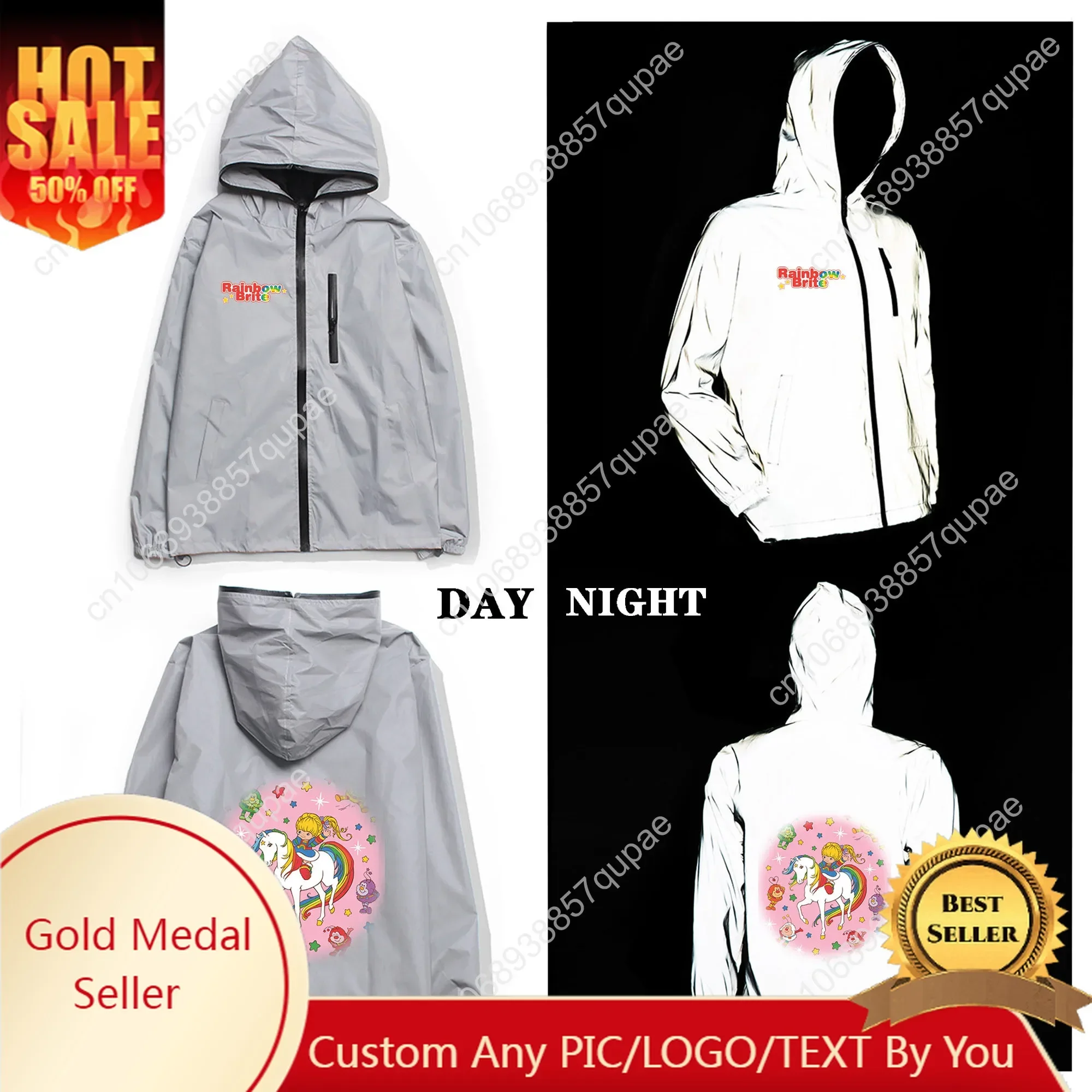 

Brite Rainbow Reflective Jacket Cartoon Anime Men Women Coat Hooded Windbreaker Runing Pocket Jacket Cycling Customized Hoodie