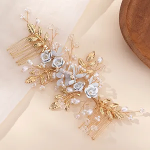 Bride Double Hair Comb Blue Flower Pearl Hairpin European And American Wedding Hair Accessories Fashion Marriage Headwear Gifts