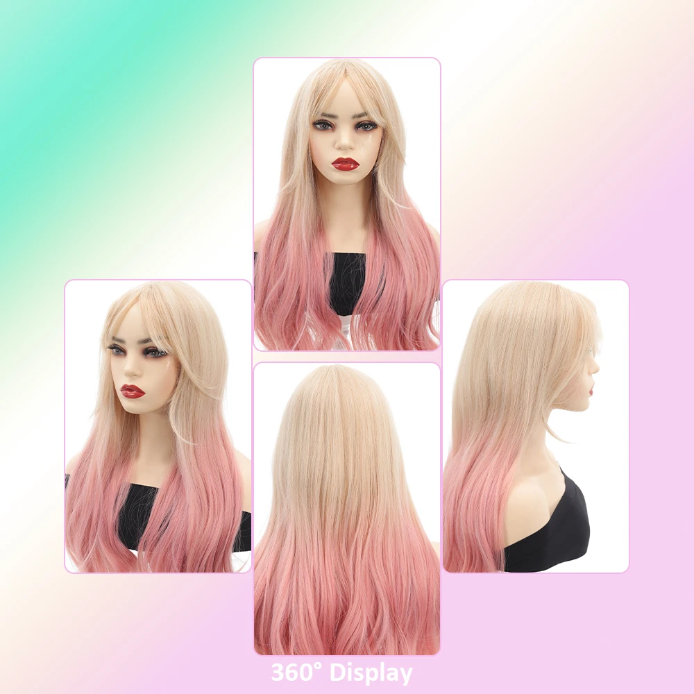 Gradient  Long Layered Wigs for Women Synthetic Curly Wig with Bangs Natural Look Middle Part Wigs with Pink Roots for Daily USE