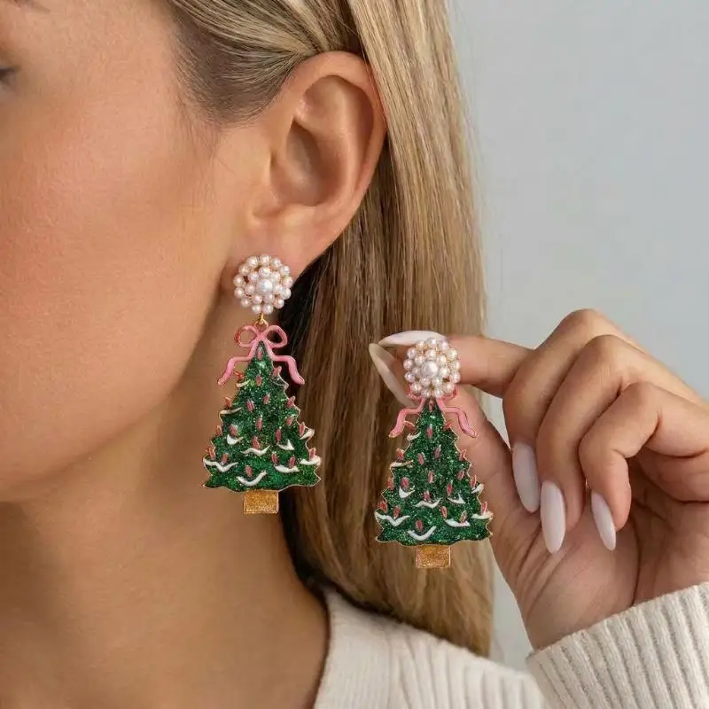 Festive Christmas Bow Ornament Drop Earrings For Women Glitter Red Green Holiday