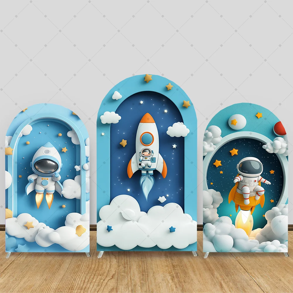

Custom 2-Sided Astronaut Rocket Space Kids Birthday Party Baby Shower Cover Arch Background Decor Backdrop Photo