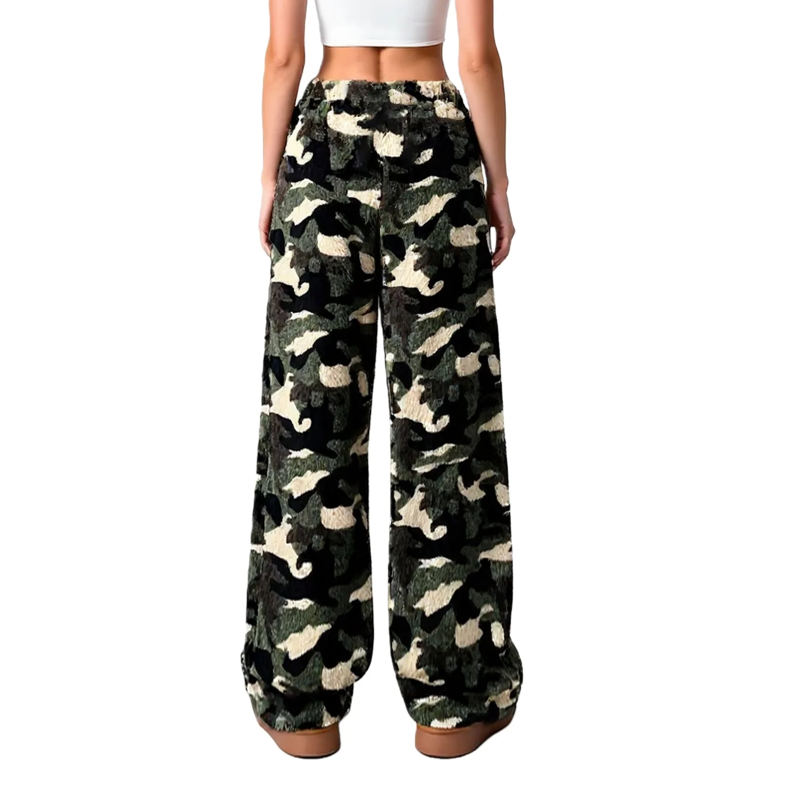 Stylish Camouflage Plush Pajama Pants for Women Casual Elastic Waistband Pajama Bottoms Winter High Waist Straight Thermal Pants