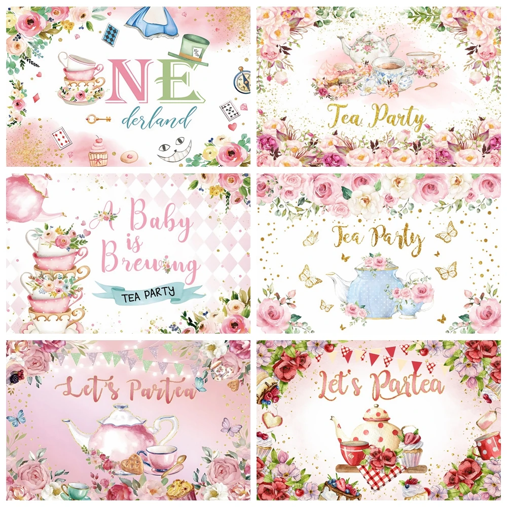 

Let's Partea Photography Backdrop Pink Flower Floral Tea Party Girls 1st Birthday Decoration Baby Shower Background Photo Studio