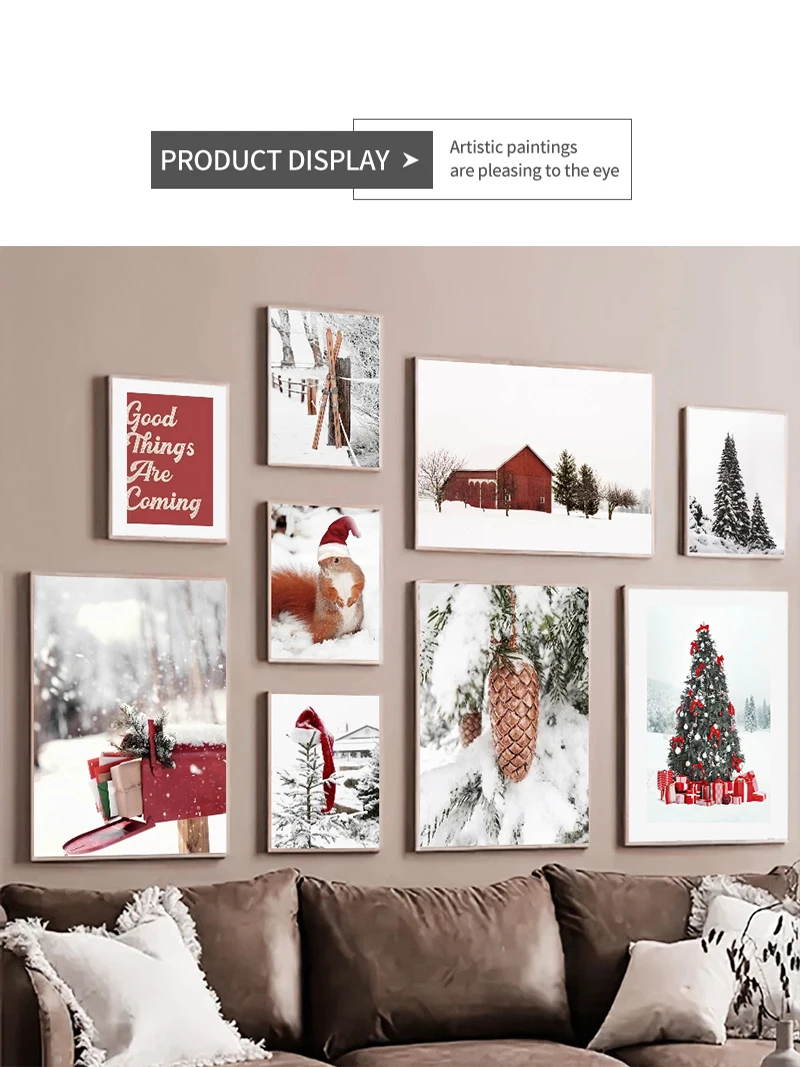 Nordic Scenery Picture Canvas Painting Wall Art Snow Santa Hat Pine Poster and Print for Modern Home Living Room Christmas Decor