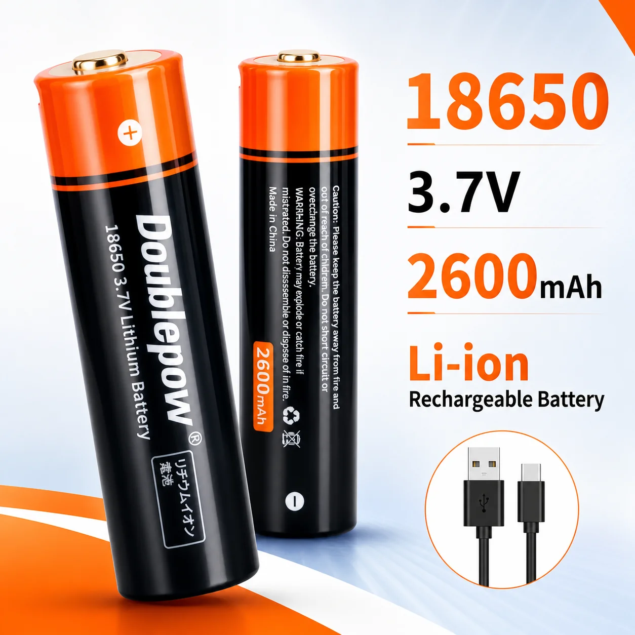 18650 Rechargeable Li-ion Battery 2600mAh 3.7V USB-C for Flashlight Microphone Projector Bluetooth Headsets Toy Power Bank