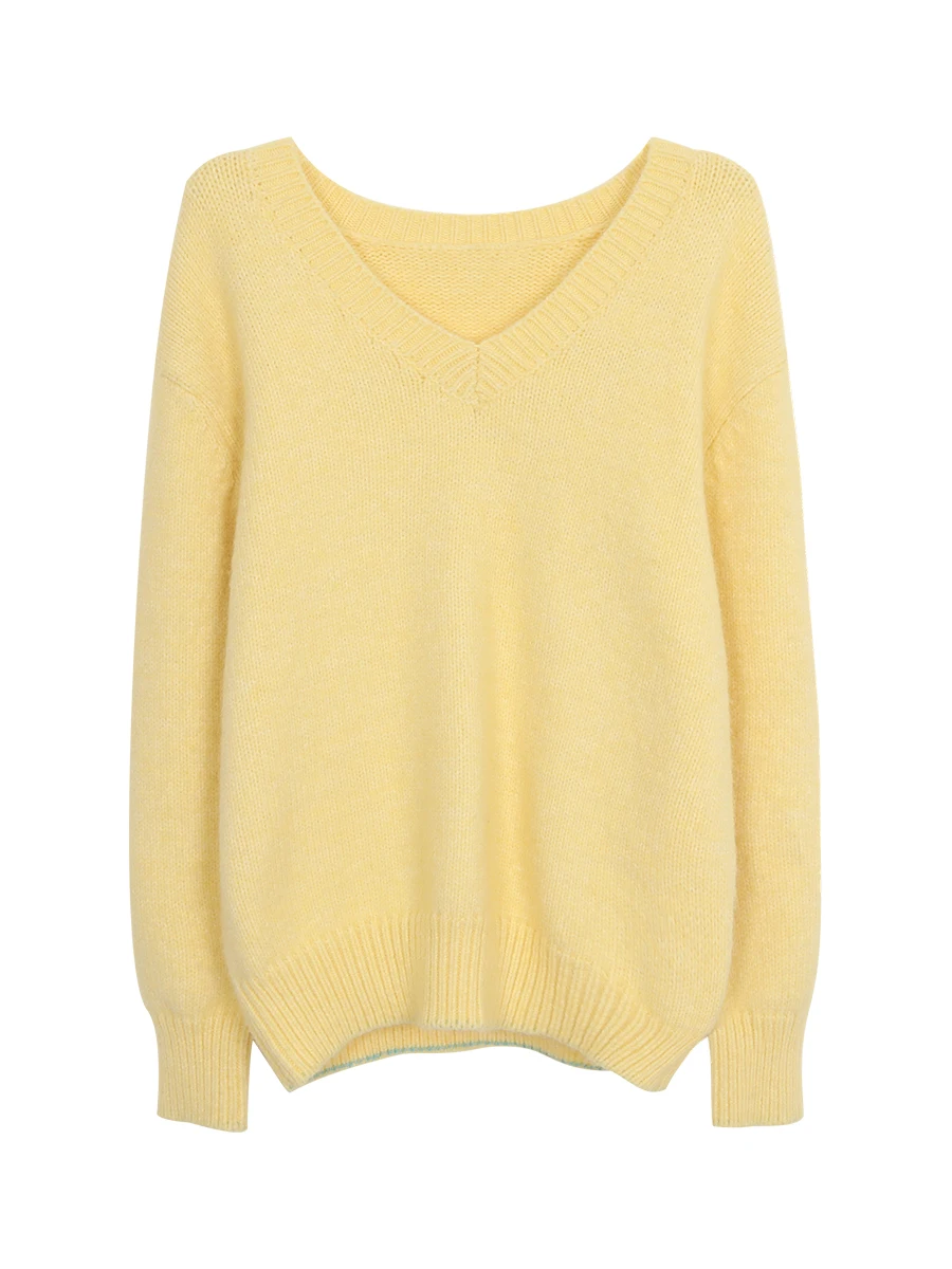 Laid-ba Sle femmes pull tricoté v-ne jaune sirène rétro sensation automne hiver nouveauté coupe confortable tricots