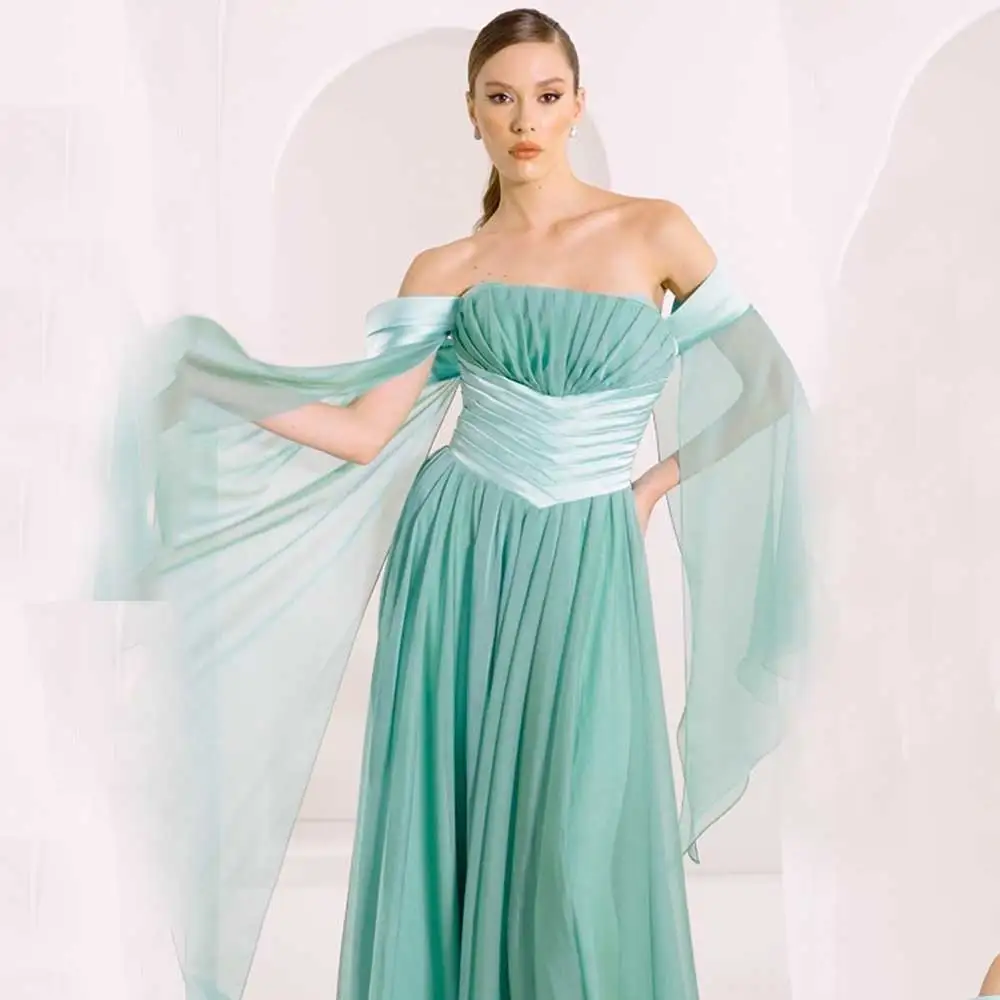 Customized Classic Chiffon Party Gown Strapless Off Shoulder Pleated Spliced Shawl Women's Fashion Floor Length Backless Prom Ev