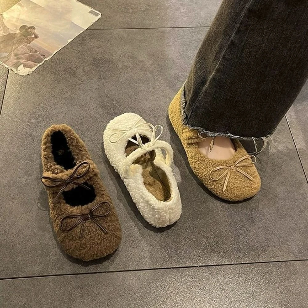 

Comfortable Bowknot Bowknot Flat Shoes Ballet Style Thick Fleece Flats Women Kawaii Fluffy Winter Warm Shoes Home