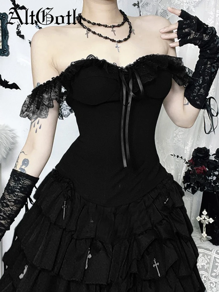 

AltGoth Fairycore Grunge Gothic Vest Women Aesthetic Dark Elegant Strapless Lace Patchwork Lace-up Corset Crop Tank Tops Female