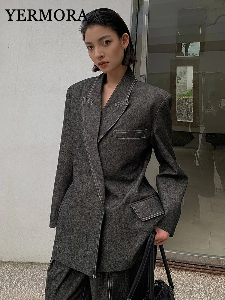 YERMORA Big Size Black Denim Jacket Wide Leg Pants Two Piece Suit New Lapel Long Sleeve Women Fashion Spring Autumn 2024